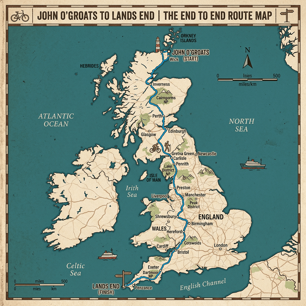 Map of the cycling and walking route from John O'Groats to Lands End across Great Britain